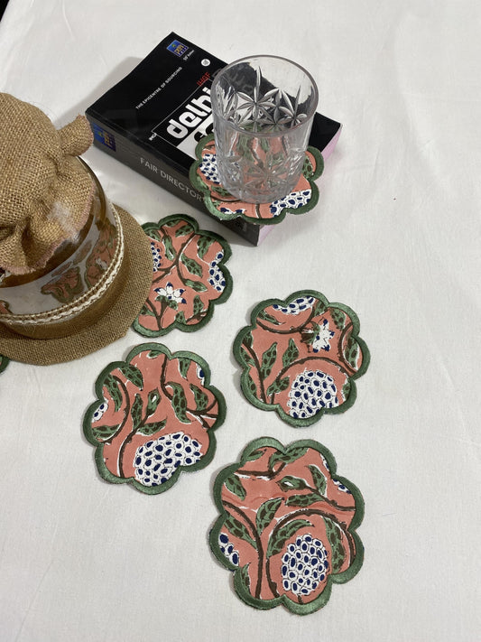 Hand Block Print Cotton Drink Coaster - Dark Salmon Pink