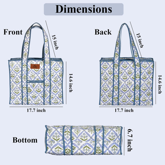 Hand Block Print Cotton Tote Bag - Light Steel Blue
