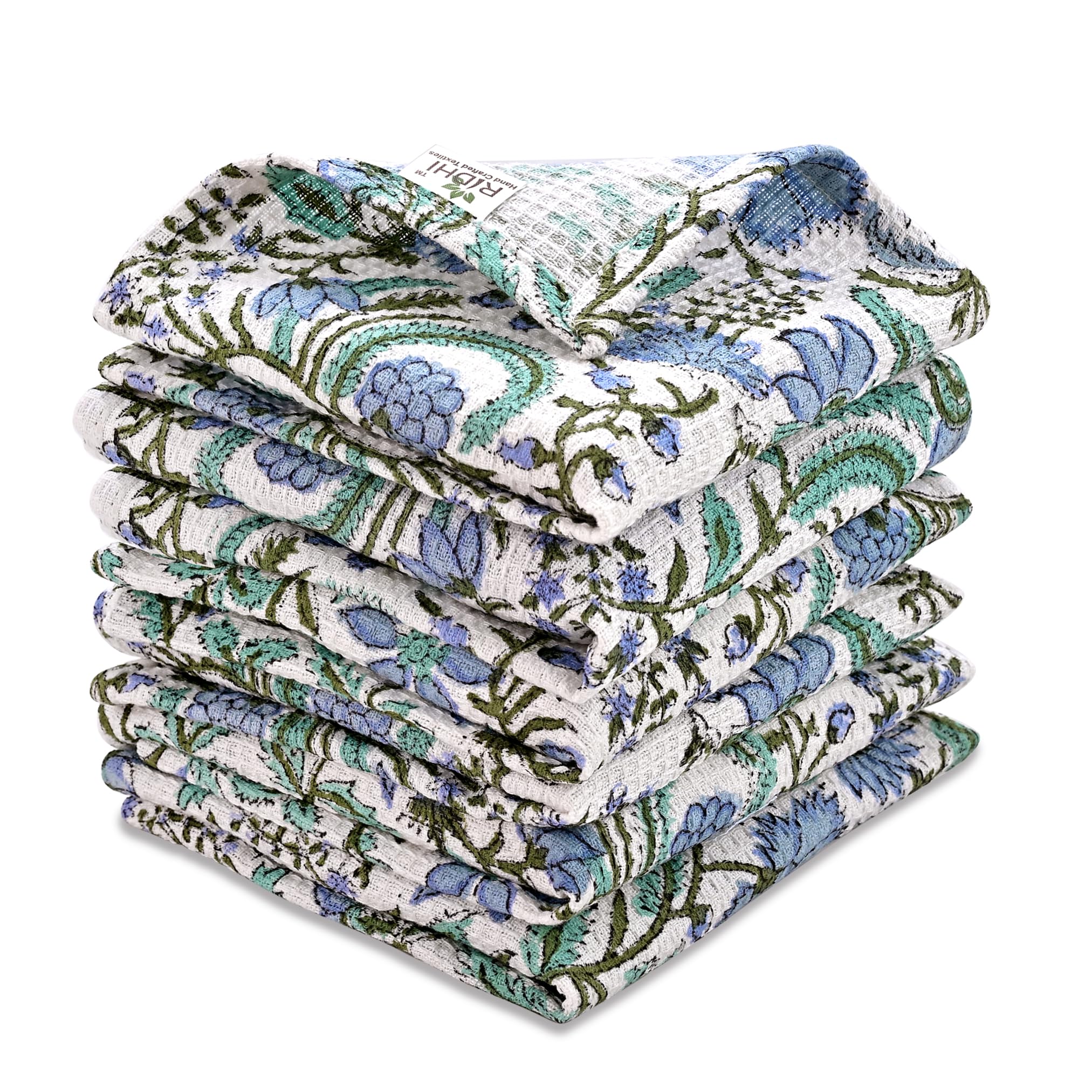 Hand Block Print Cotton Kitchen Towel - Columbia Blue