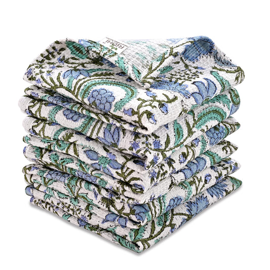 Hand Block Print Cotton Kitchen Towel - Columbia Blue