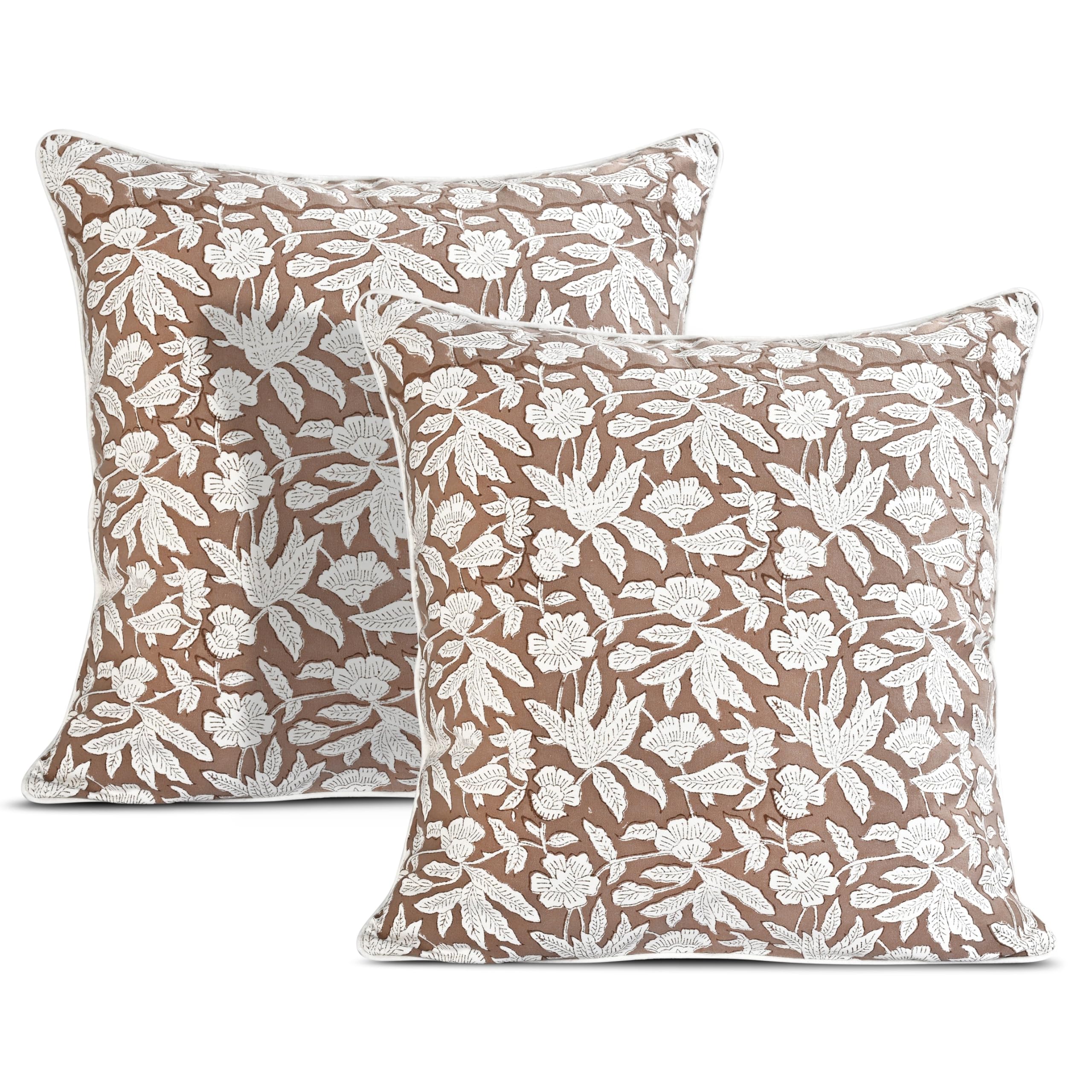 Hand Block Print Cotton Throw Pillow Cover - Oak Brown