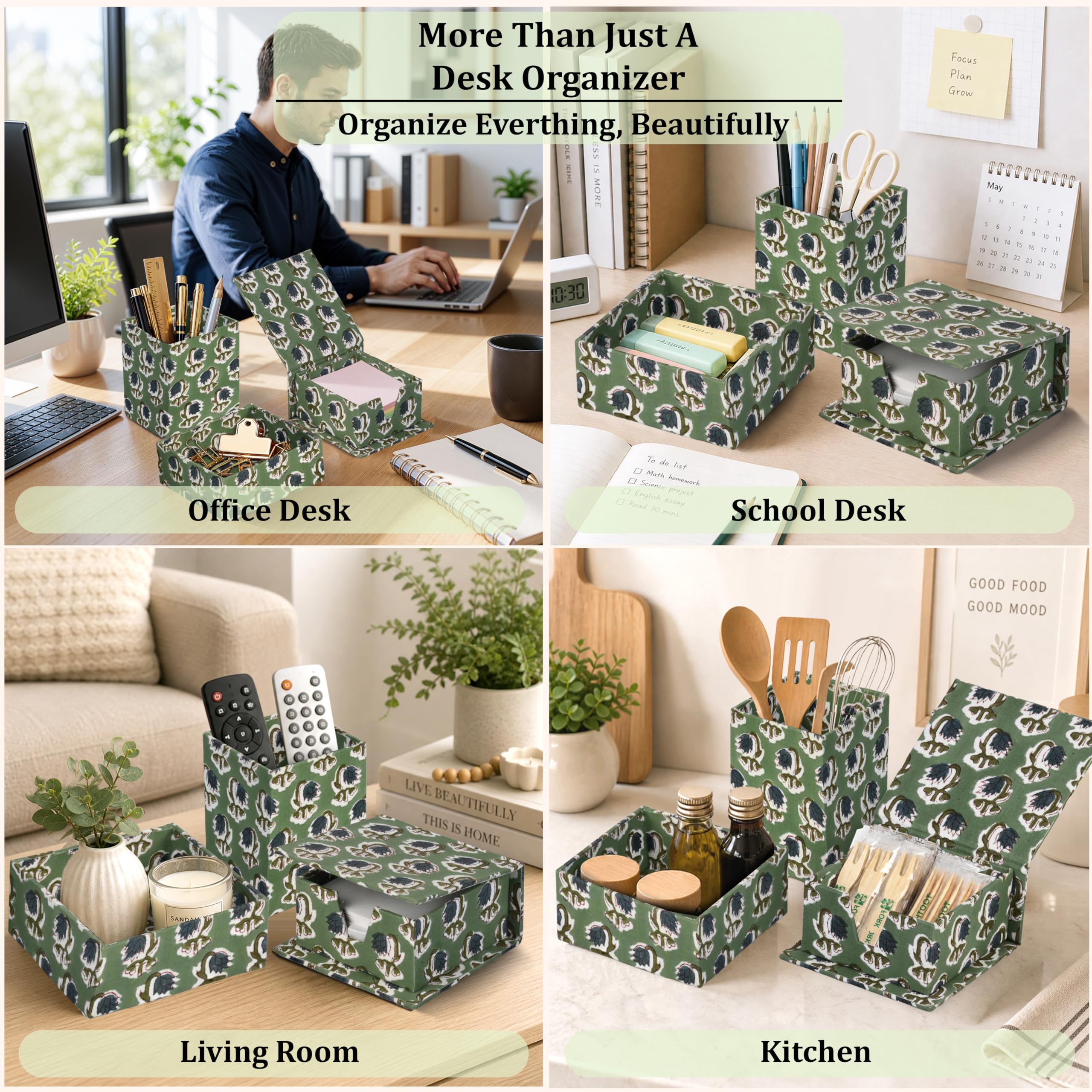 Hand Block Print Cotton Desk Organizer - Basil Green