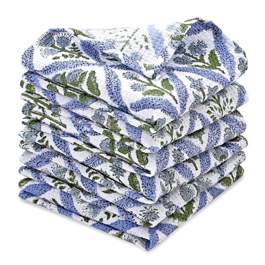 Hand Block Print Cotton Kitchen Towel - Light Steel Blue