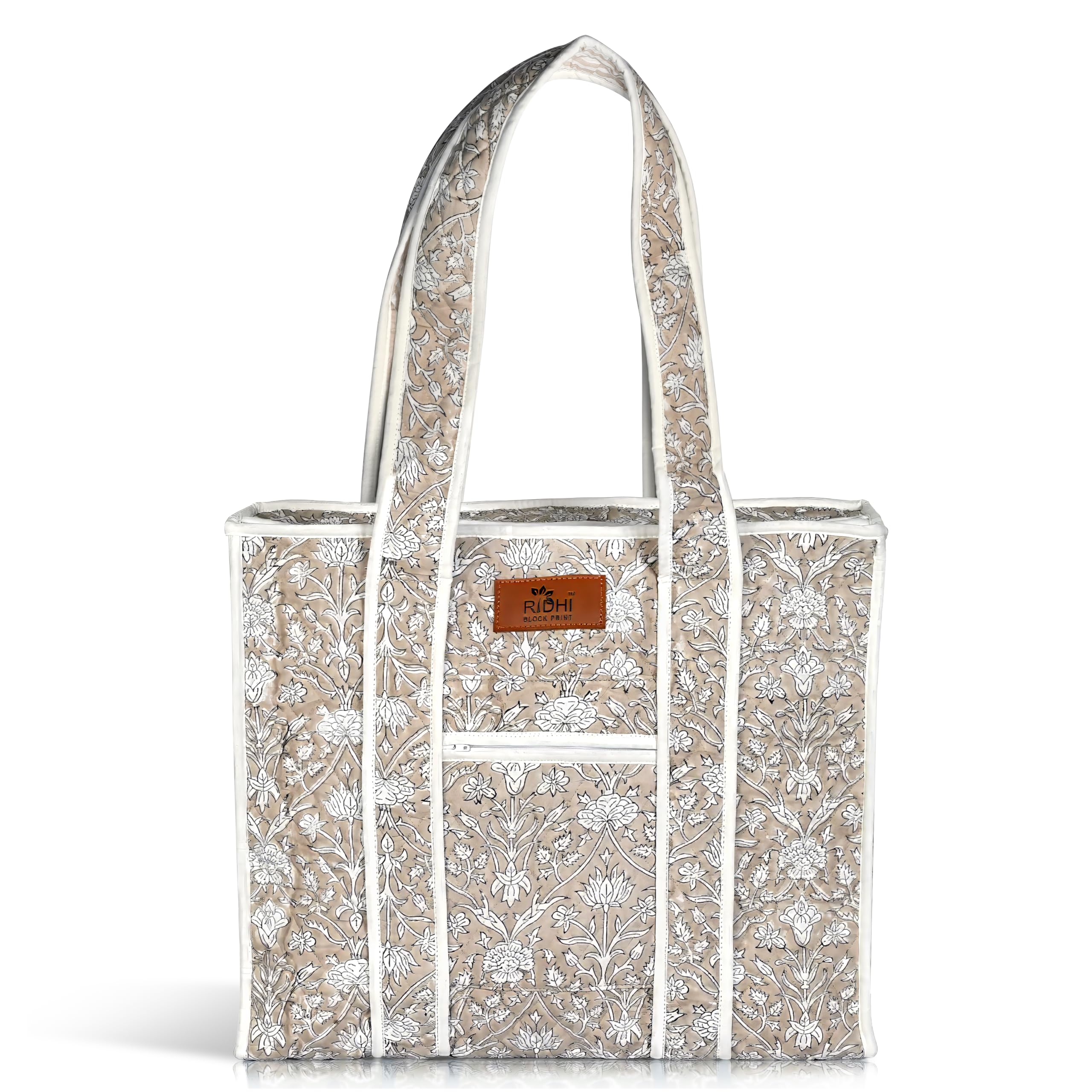 Hand Block Print Cotton Handbag - Taupe