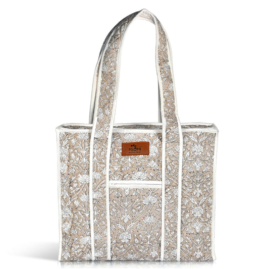 Hand Block Print Cotton Handbag - Taupe