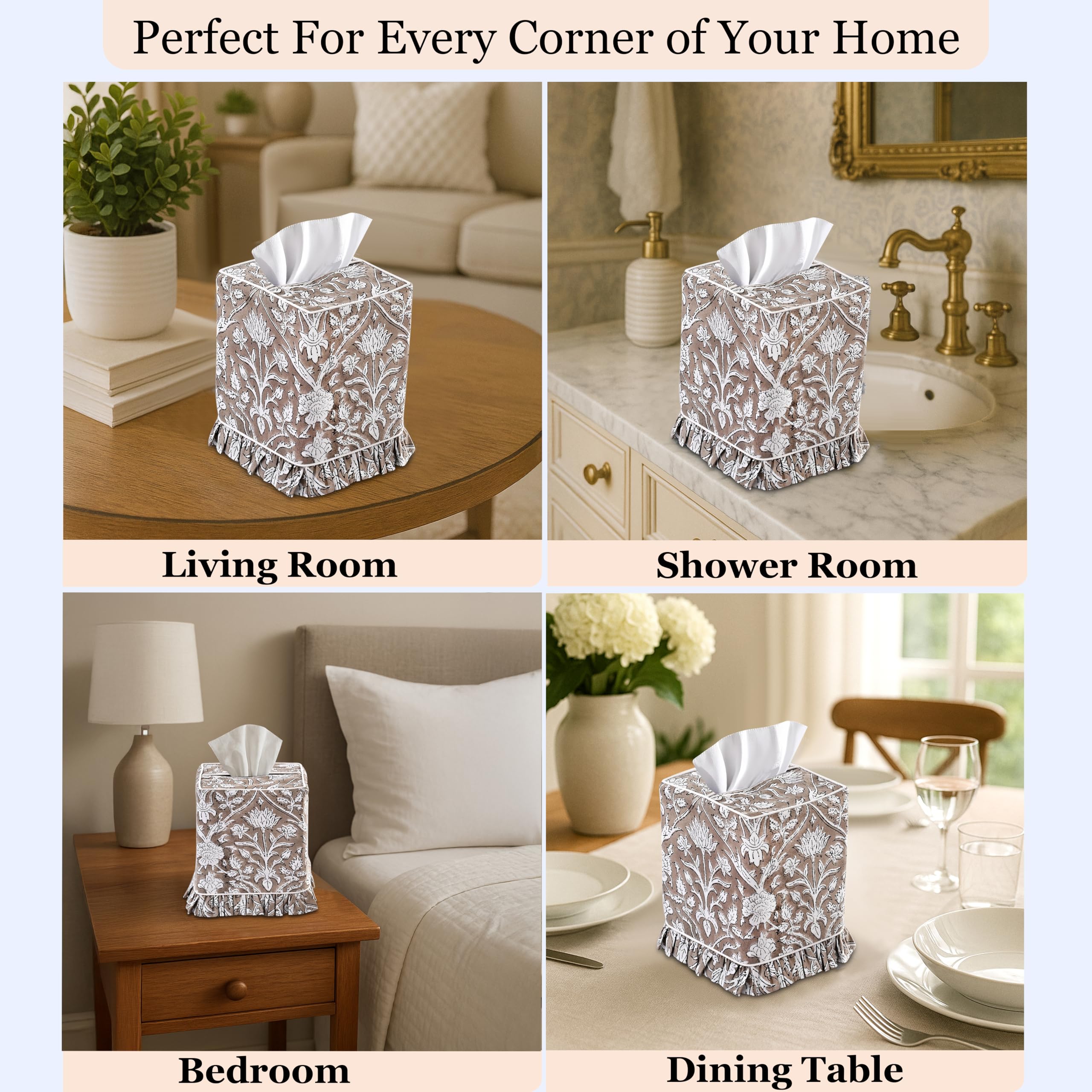 Hand Block Print Cotton Tissue Box Cover - Taupe