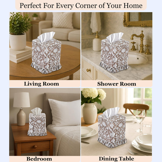Hand Block Print Cotton Tissue Box Cover - Taupe