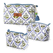 Block Print Cotton Quilted Toiletry Bag- Light Steel Blue