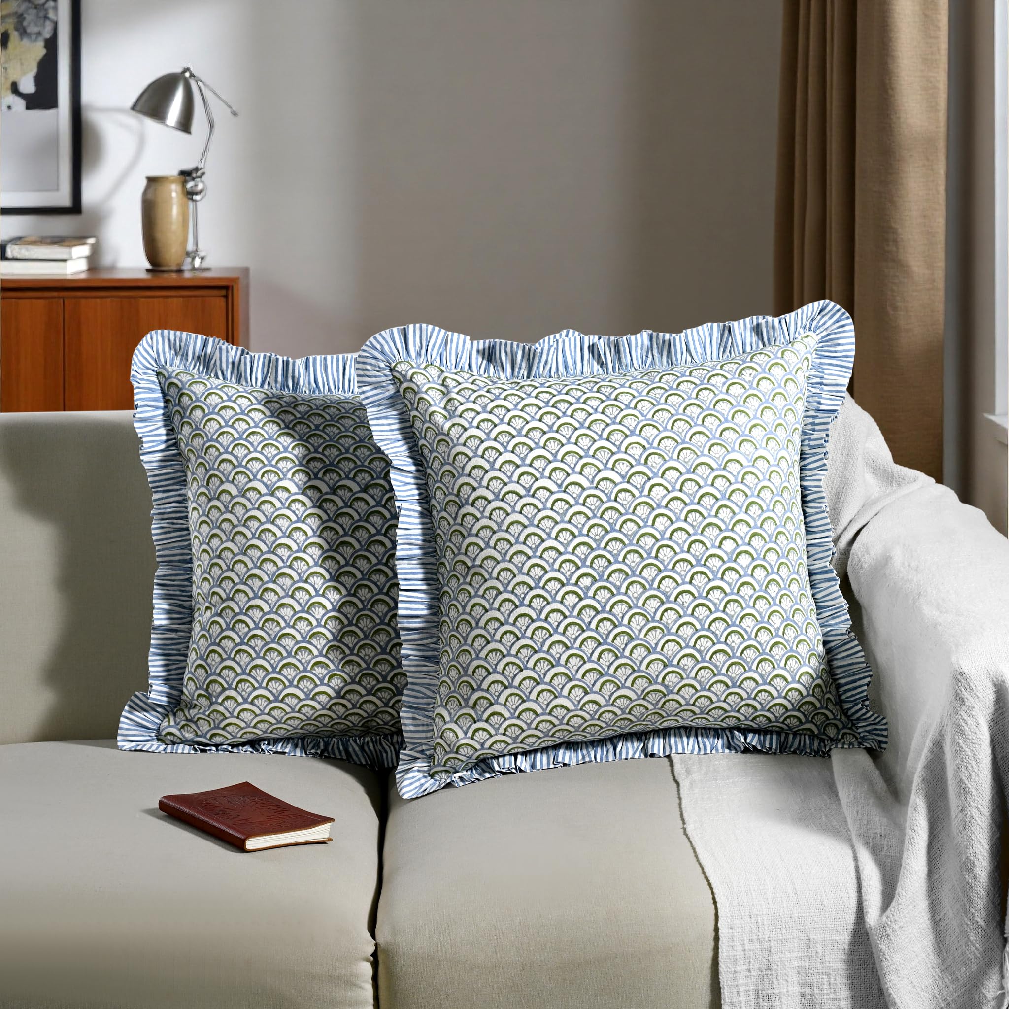 Hand Block Print Cotton Throw Pillow Cover - Hand Fan Harmony