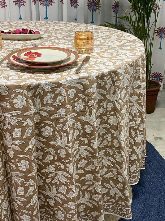 Hand Block Print Cotton Tablecloth - Oak Brown