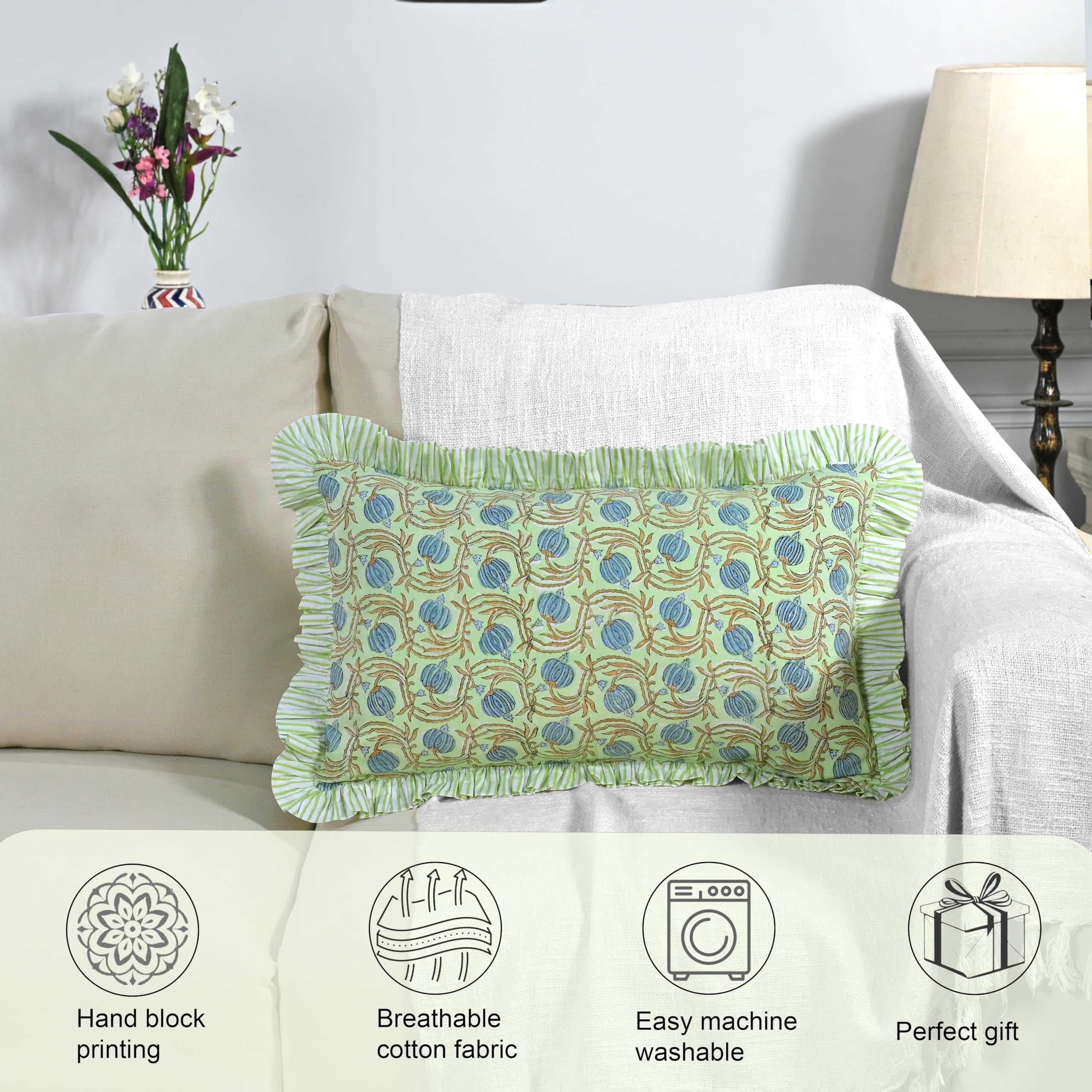 Hand Block Print Cotton Throw Pillow Cover - Apple Green Floral