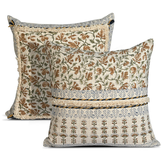 Hand Block Print Cotton Throw Pillow Cover - Amber Fern Garden