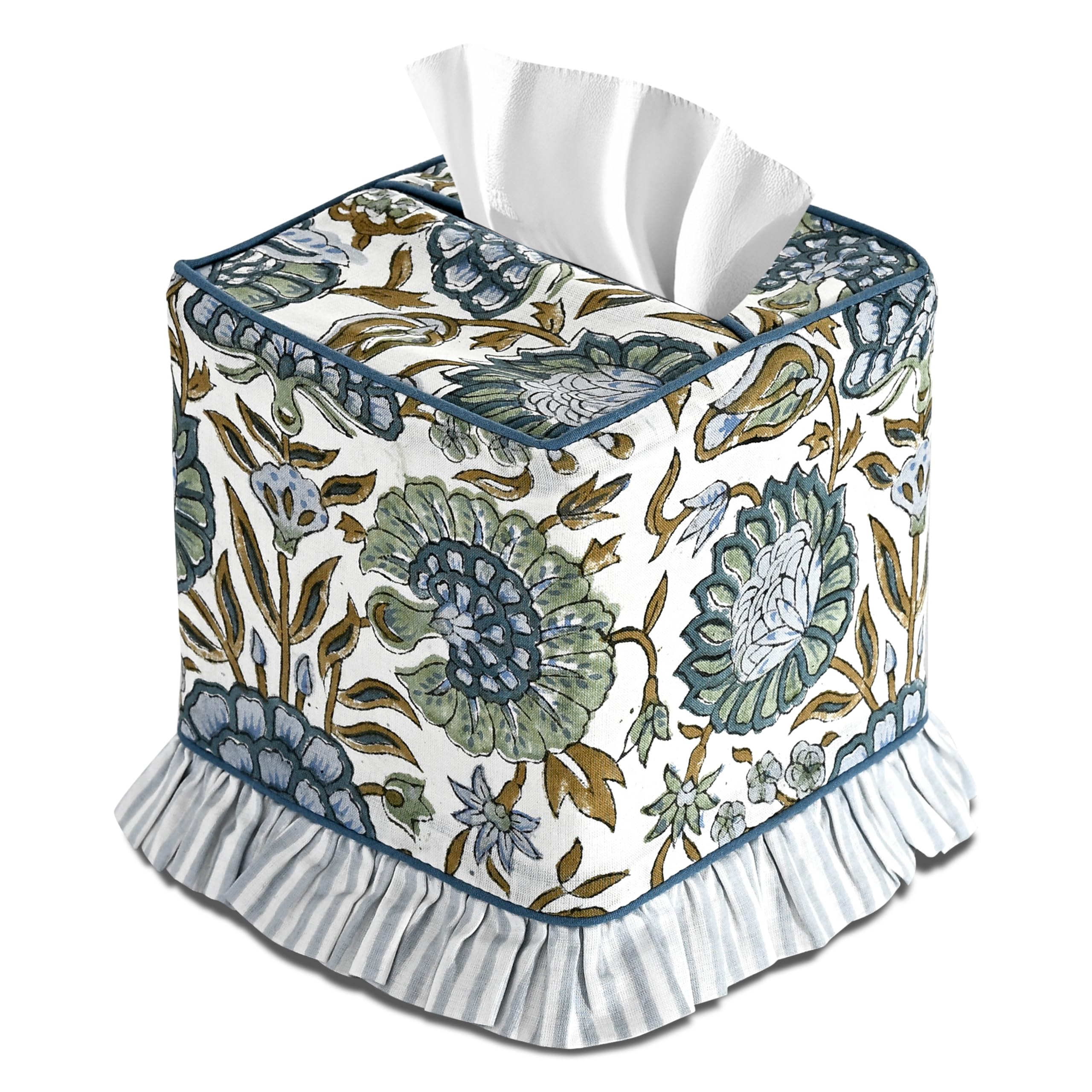Hand Block Print Cotton Tissue Box Cover - Asparagus Green