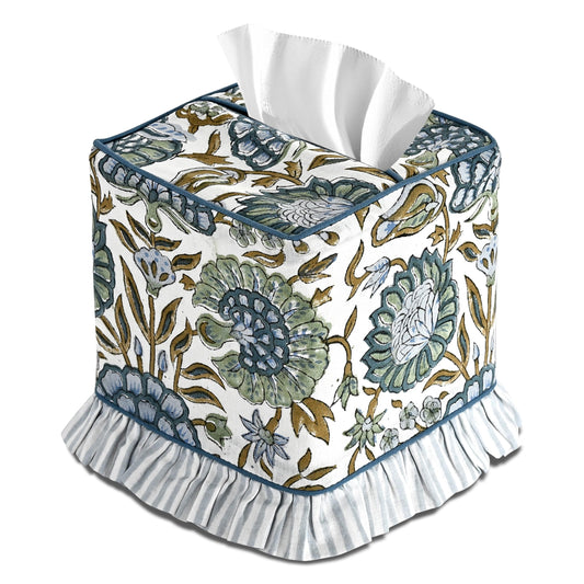Hand Block Print Cotton Tissue Box Cover - Asparagus Green