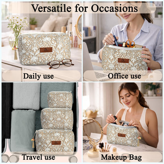 Hand Block Print Cotton Cosmetic Bag - Taupe