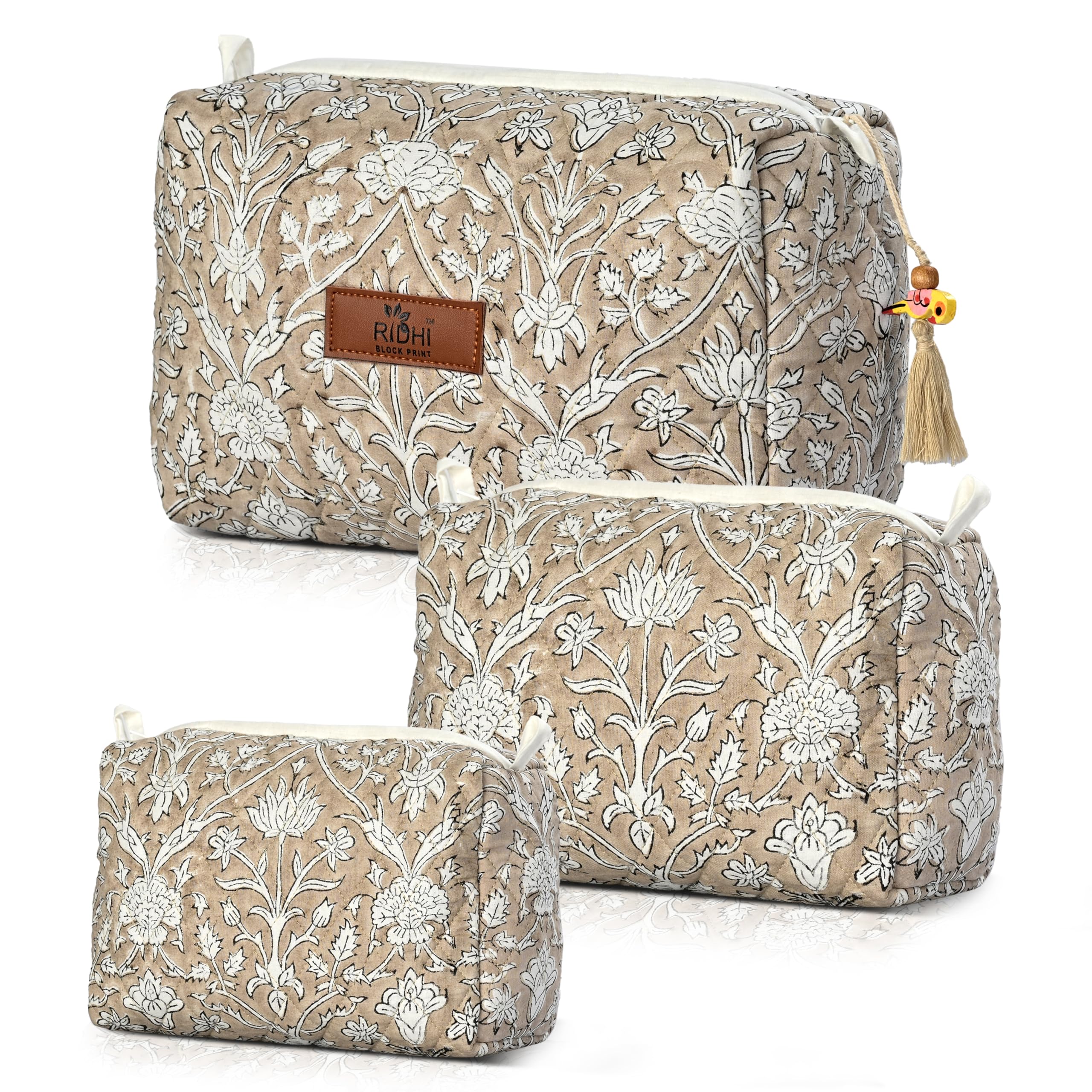 Hand Block Print Cotton Cosmetic Bag - Taupe