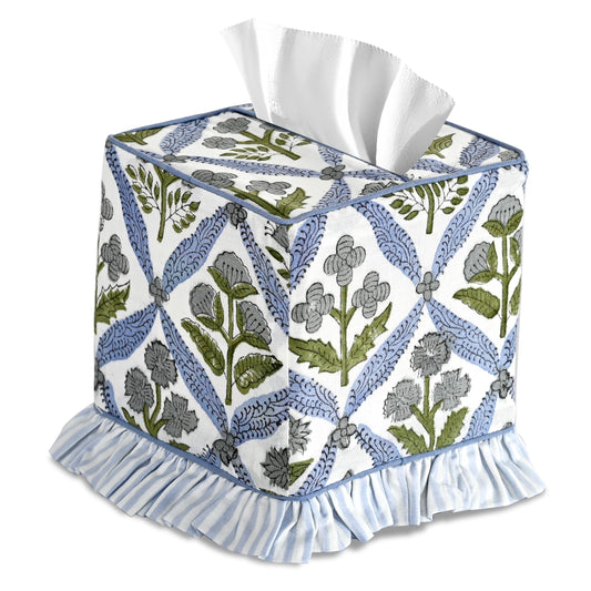 Hand Block Print Cotton Tissue Box Cover - Light Steel Blue