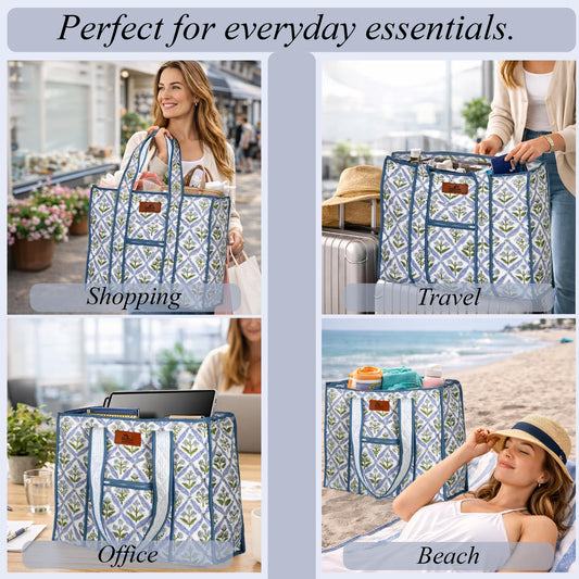 Hand Block Print Cotton Tote Bag - Light Steel Blue