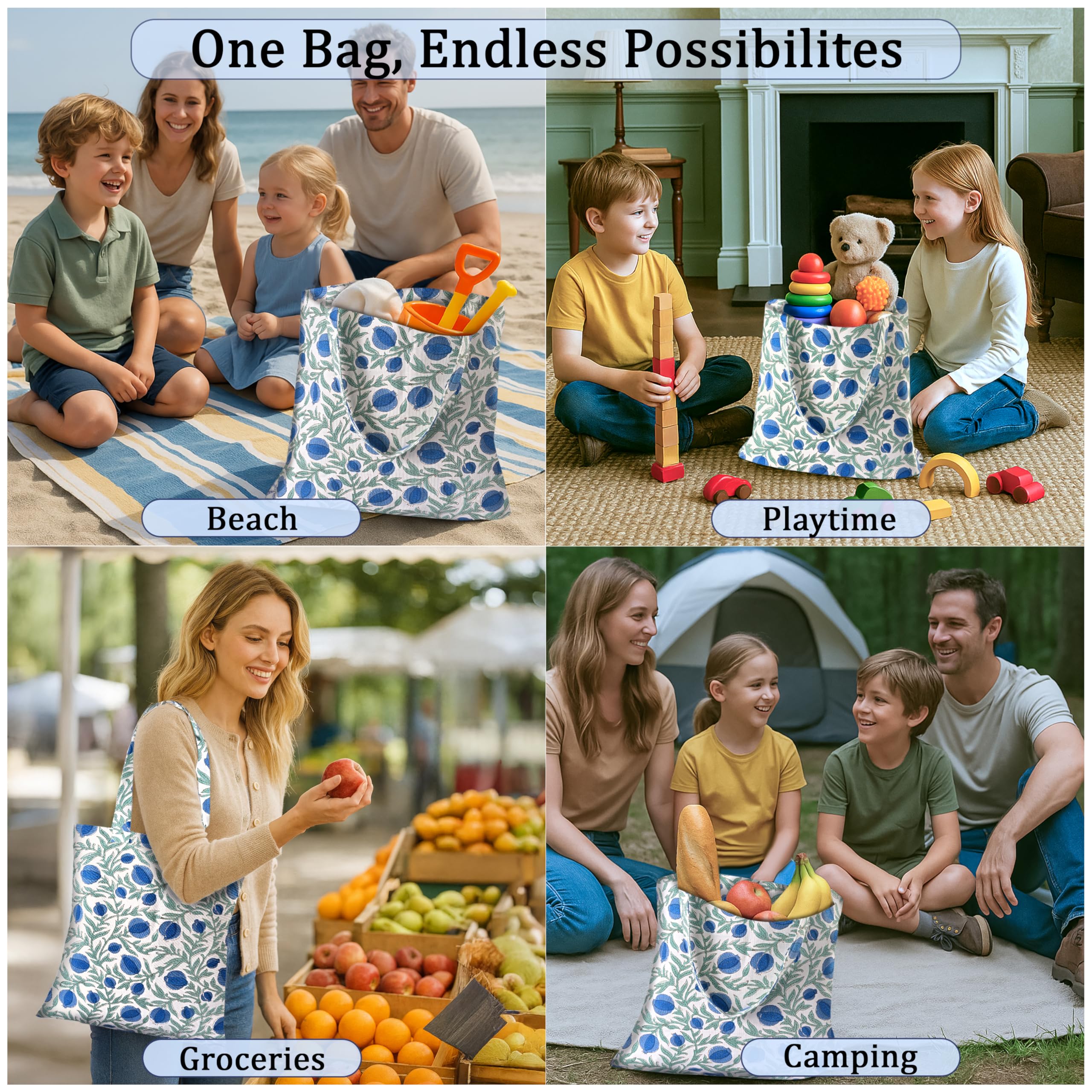 Hand Block Print Cotton Tote Bag - Queen Blue