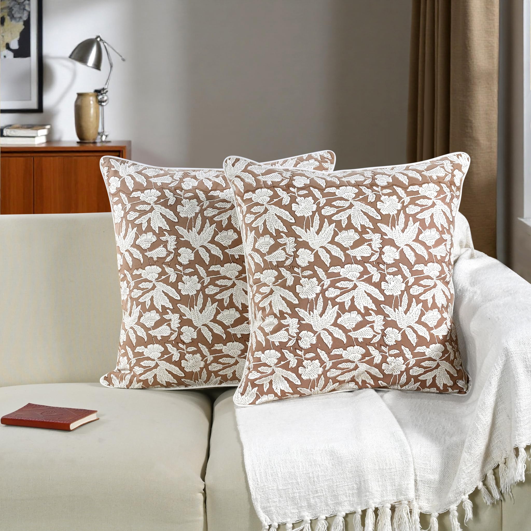 Hand Block Print Cotton Throw Pillow Cover - Oak Brown