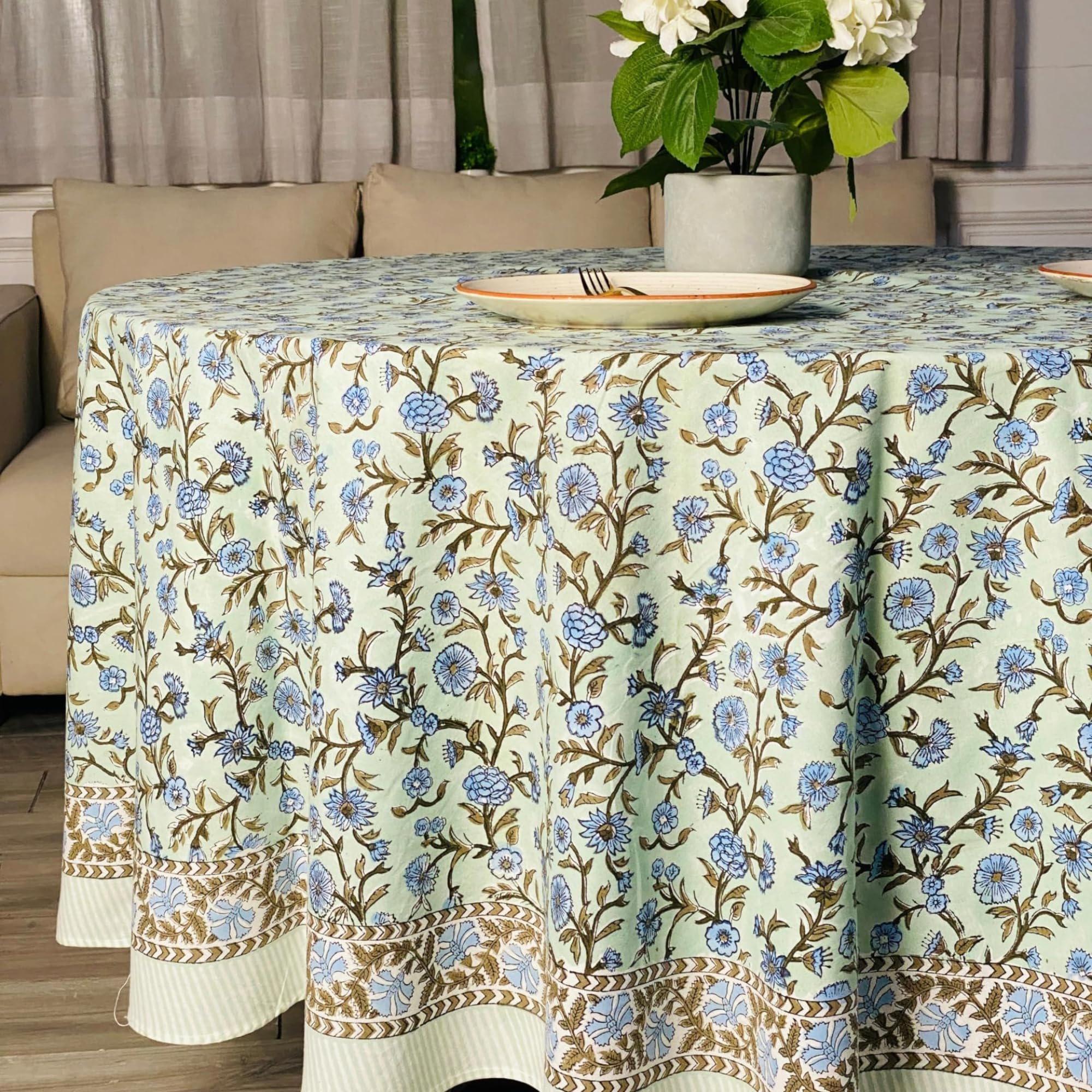 Hand Block Print Cotton Tablecloth - Laurel & Army Green