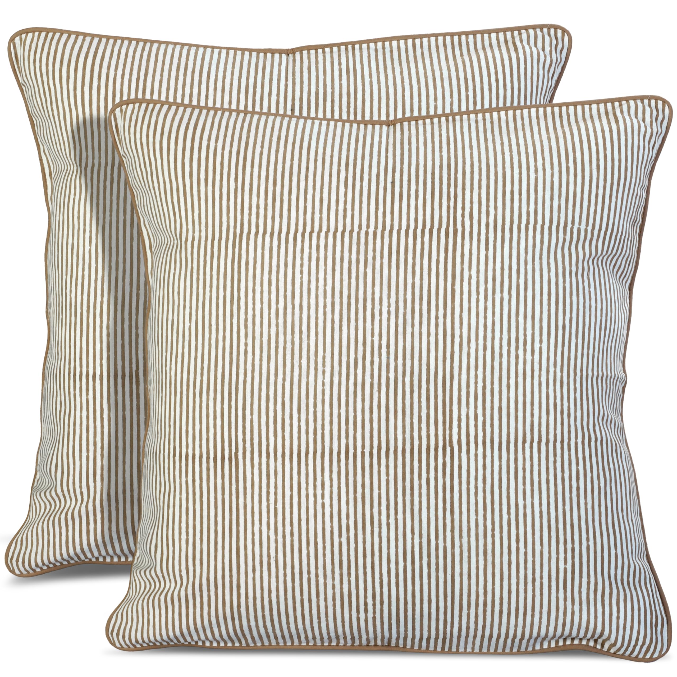 Hand Block Print Cotton Throw Pillow Cover - Oatmeal Brown Stripe