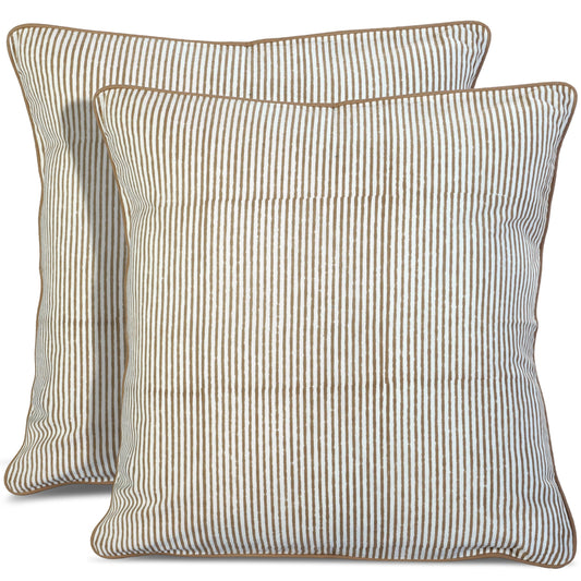 Hand Block Print Cotton Throw Pillow Cover - Oatmeal Brown Stripe