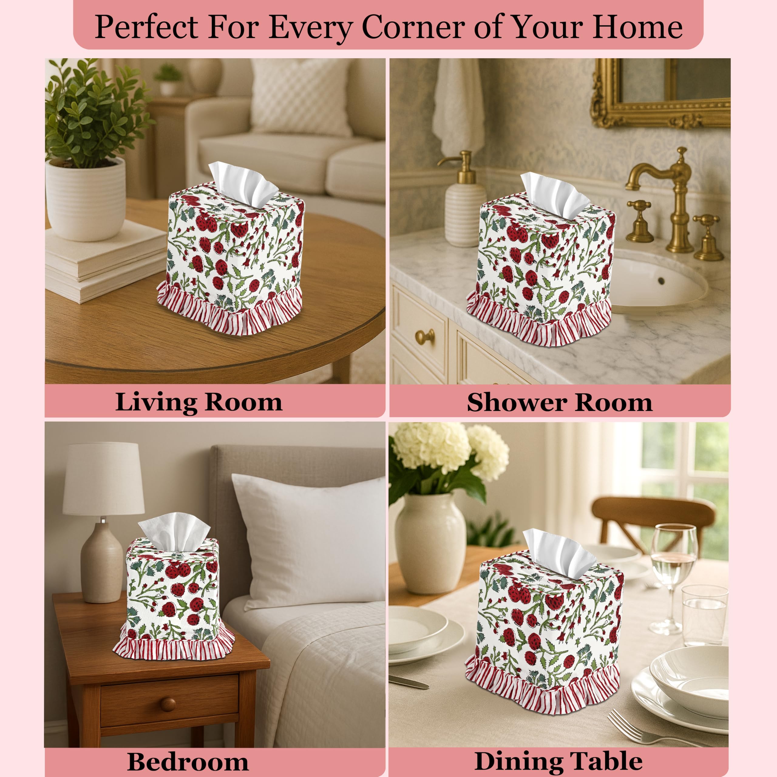 Hand Block Print Cotton Tissue Box Cover - Red Garnet