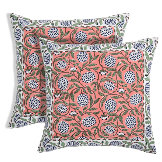 Hand Block Print Cotton Throw Pillow Cover - Dark Salmon Pink