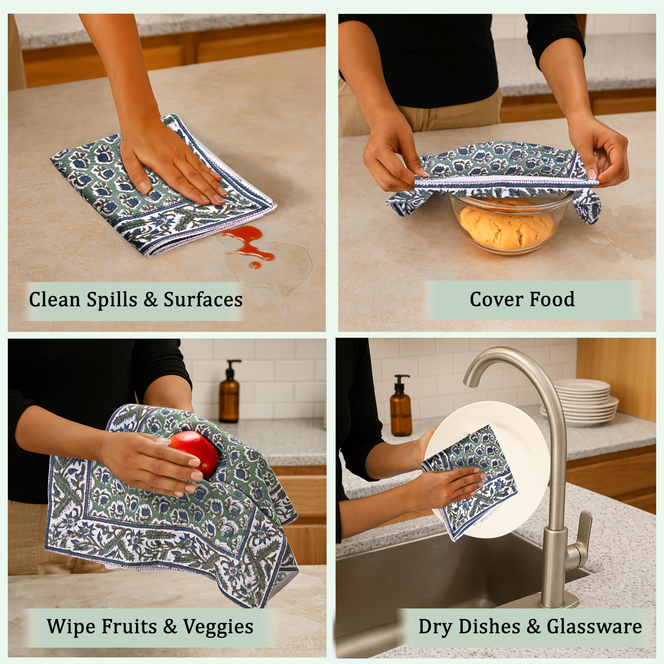 Hand Block Print Cotton Kitchen Towel - Basil Green