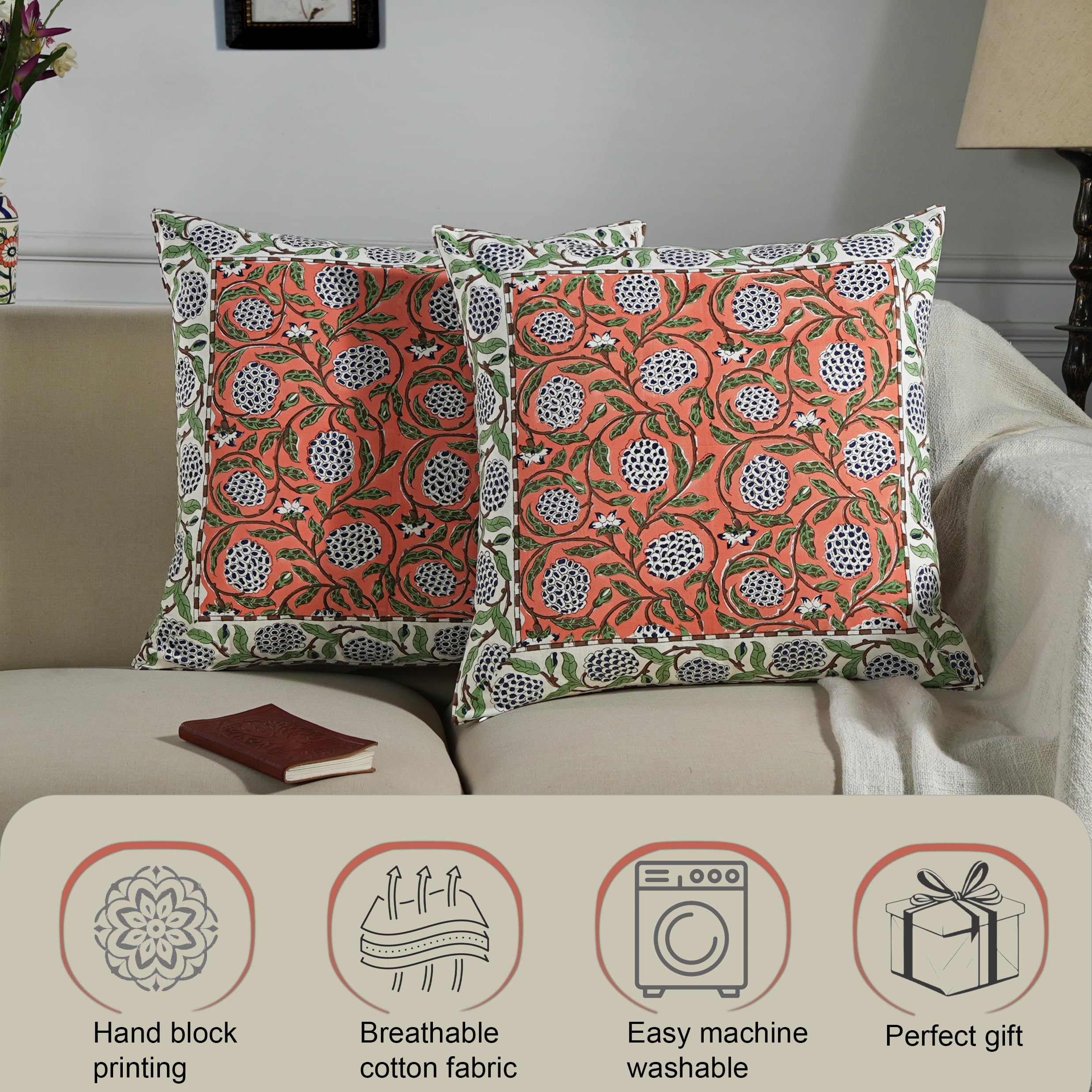 Hand Block Print Cotton Throw Pillow Cover - Dark Salmon Pink
