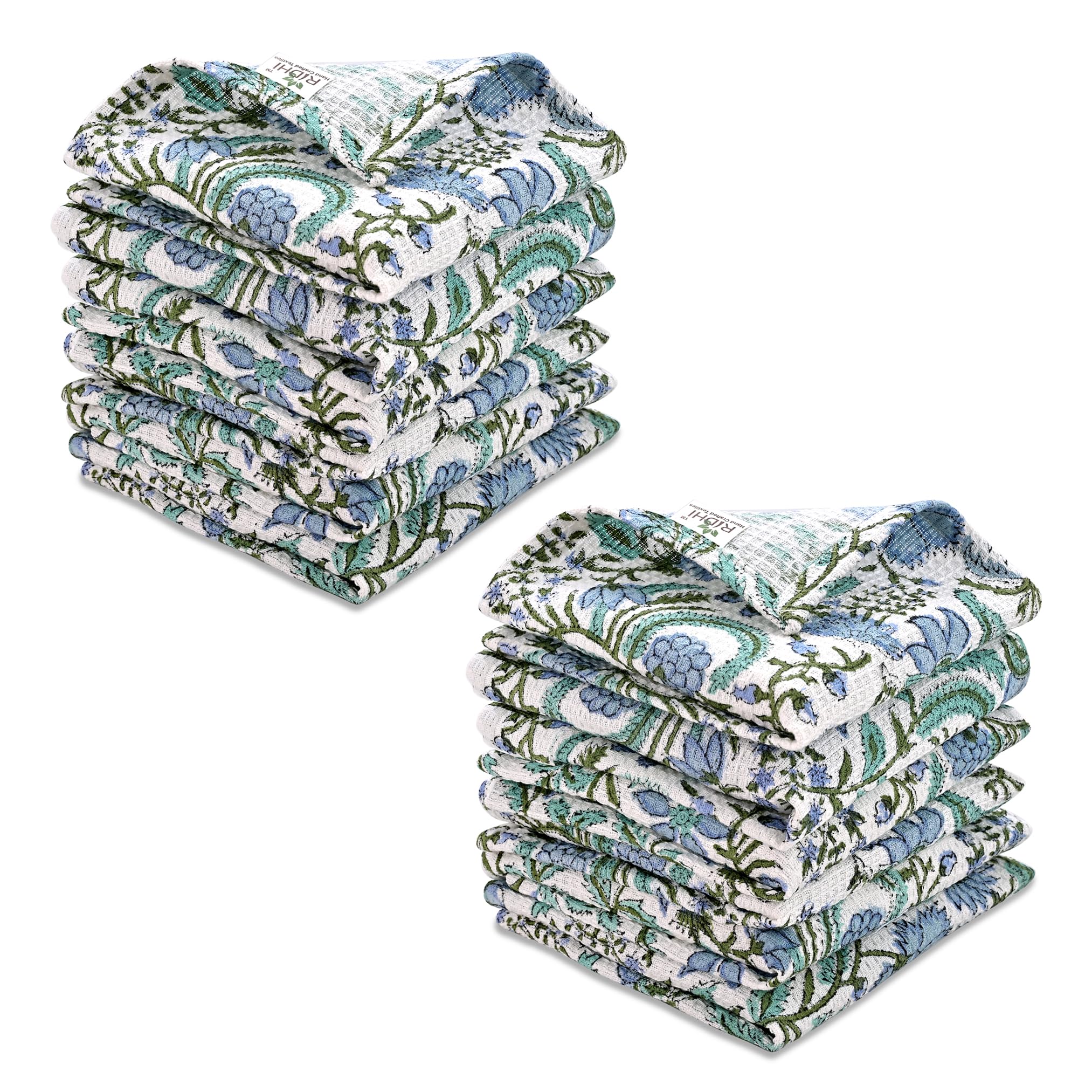 Hand Block Print Cotton Kitchen Towel - Columbia Blue