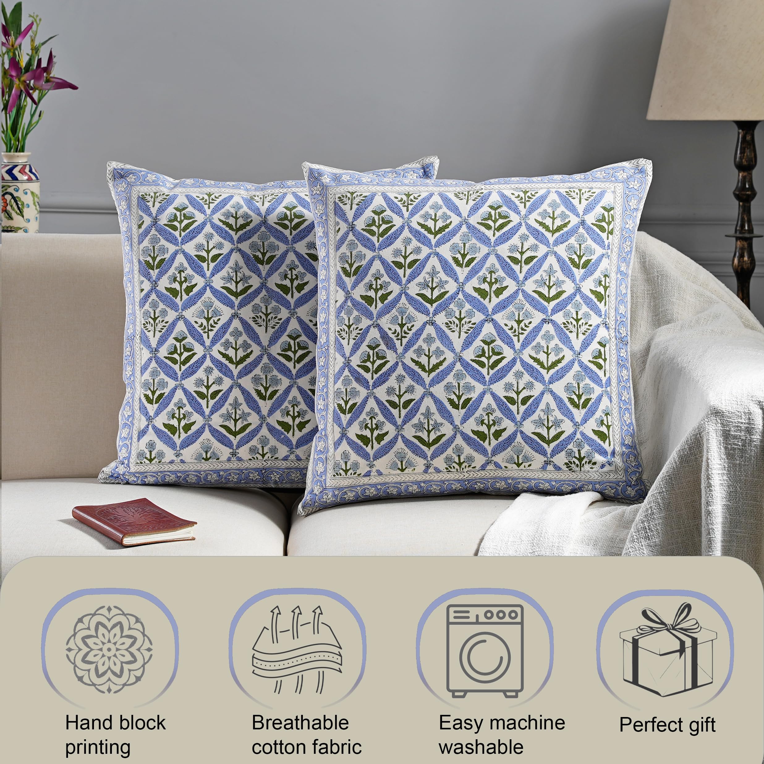 Hand Block Print Cotton Throw Pillow Cover - Light Steel Blue