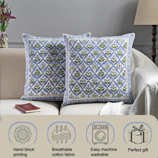 Hand Block Print Cotton Throw Pillow Cover - Light Steel Blue