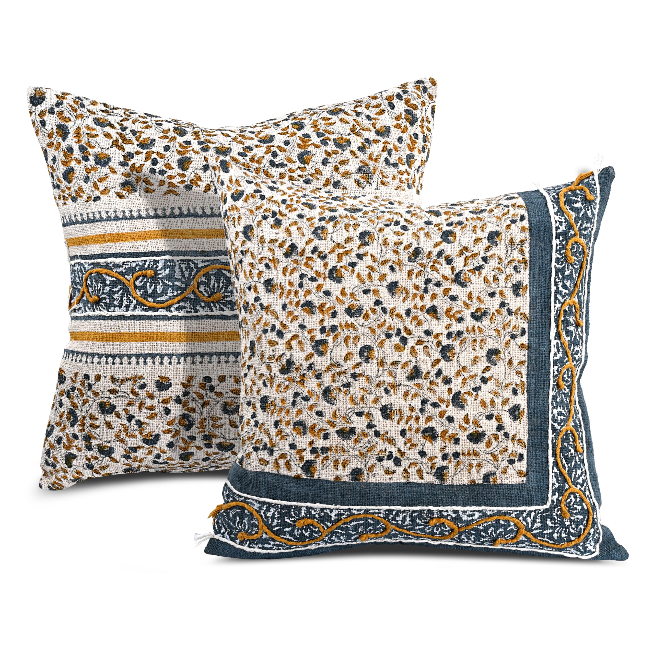 Hand Block Print Cotton Throw Pillow Cover - Amalfi Coast European