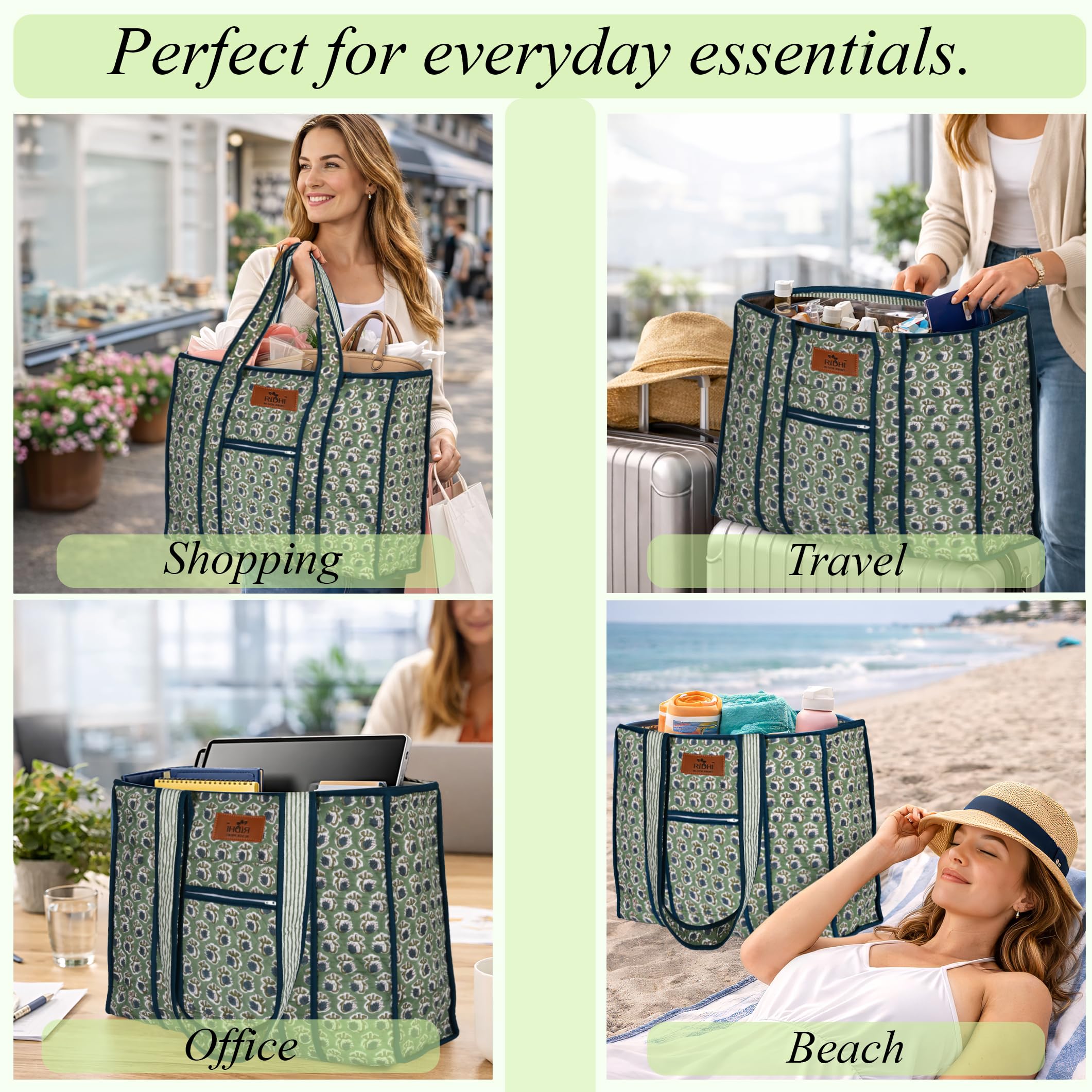 Hand Block Print Cotton Handbag - Basil Green