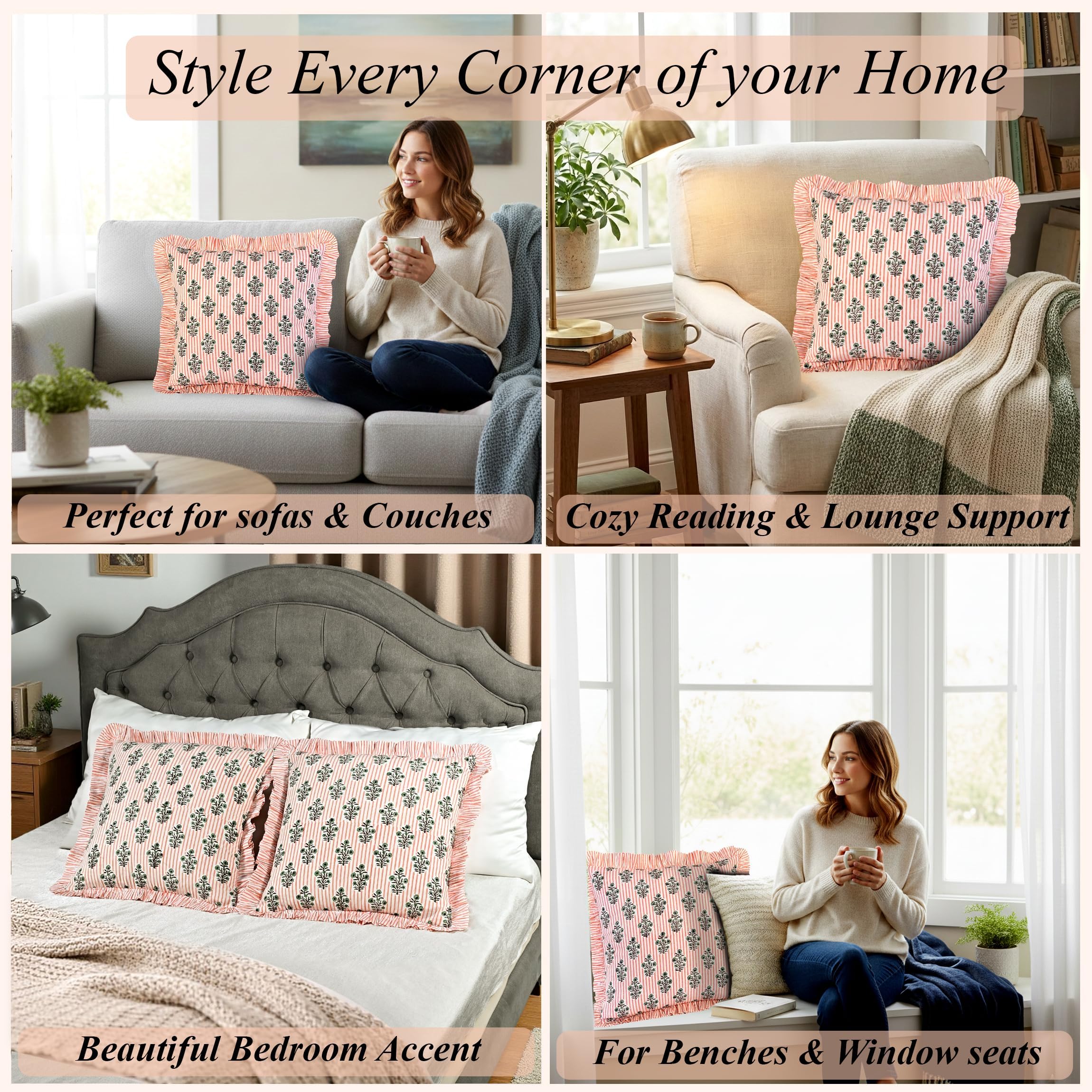 Hand Block Print Cotton Throw Pillow Cover - Salmon Blossom