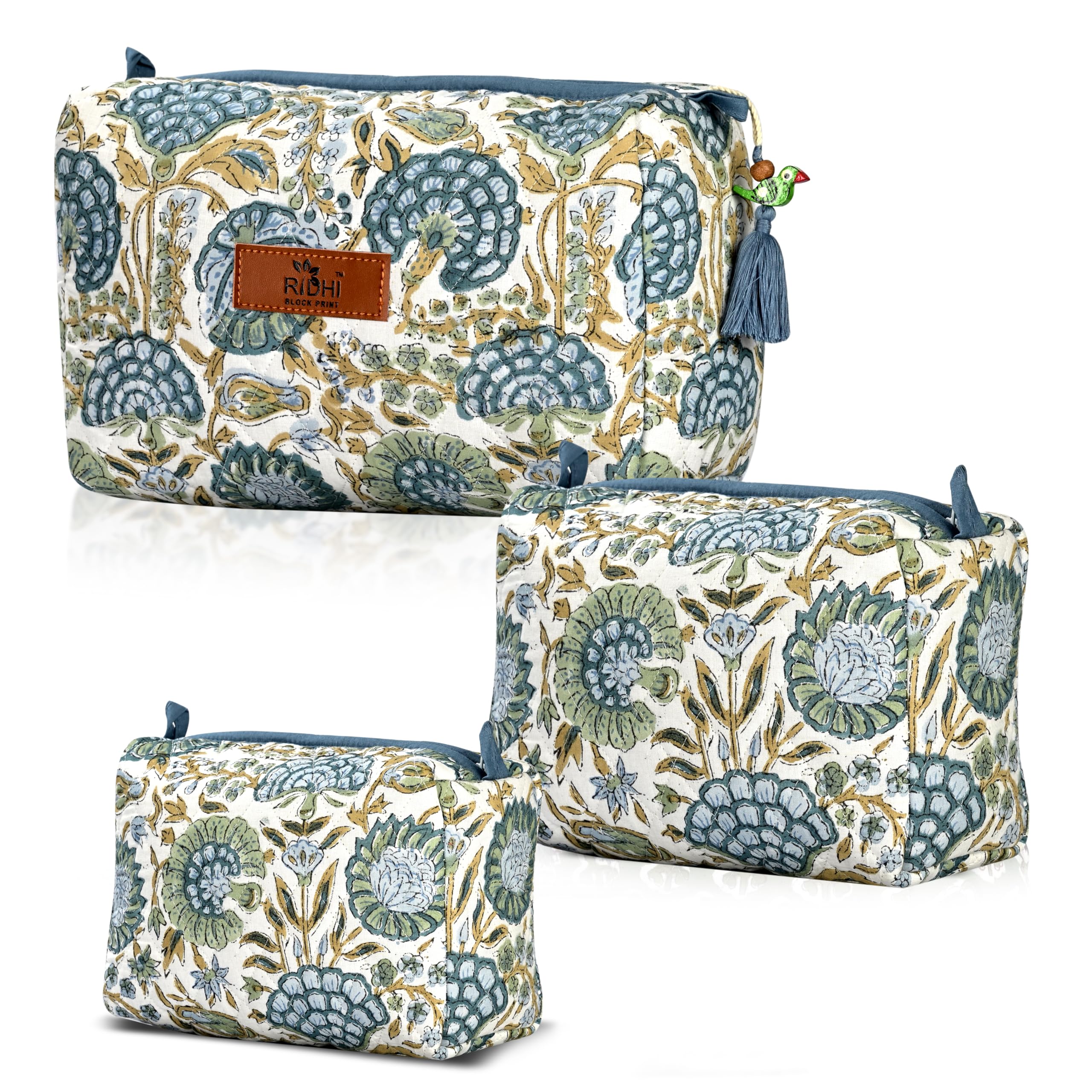 Hand Block Print Cotton Cosmetic Bag - Asparagus Green
