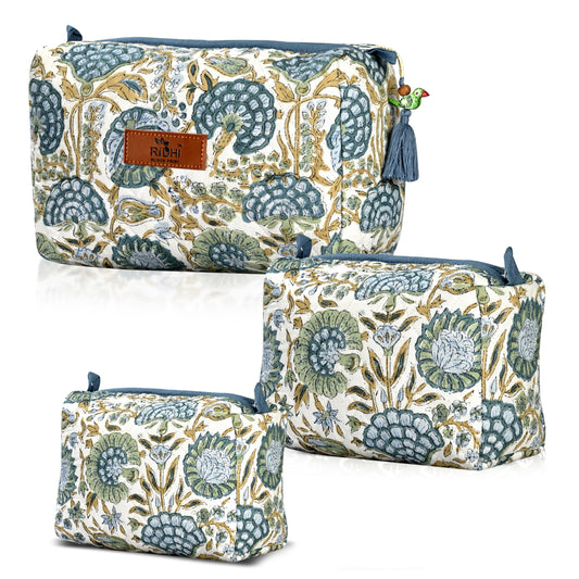 Hand Block Print Cotton Cosmetic Bag - Asparagus Green