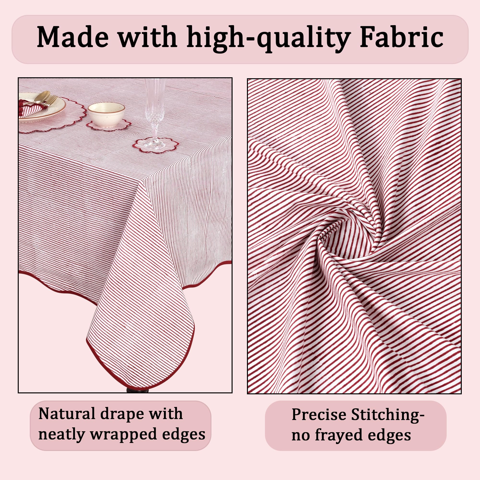 Hand Block Print Cotton Tablecloth - Ruby Red Stripe