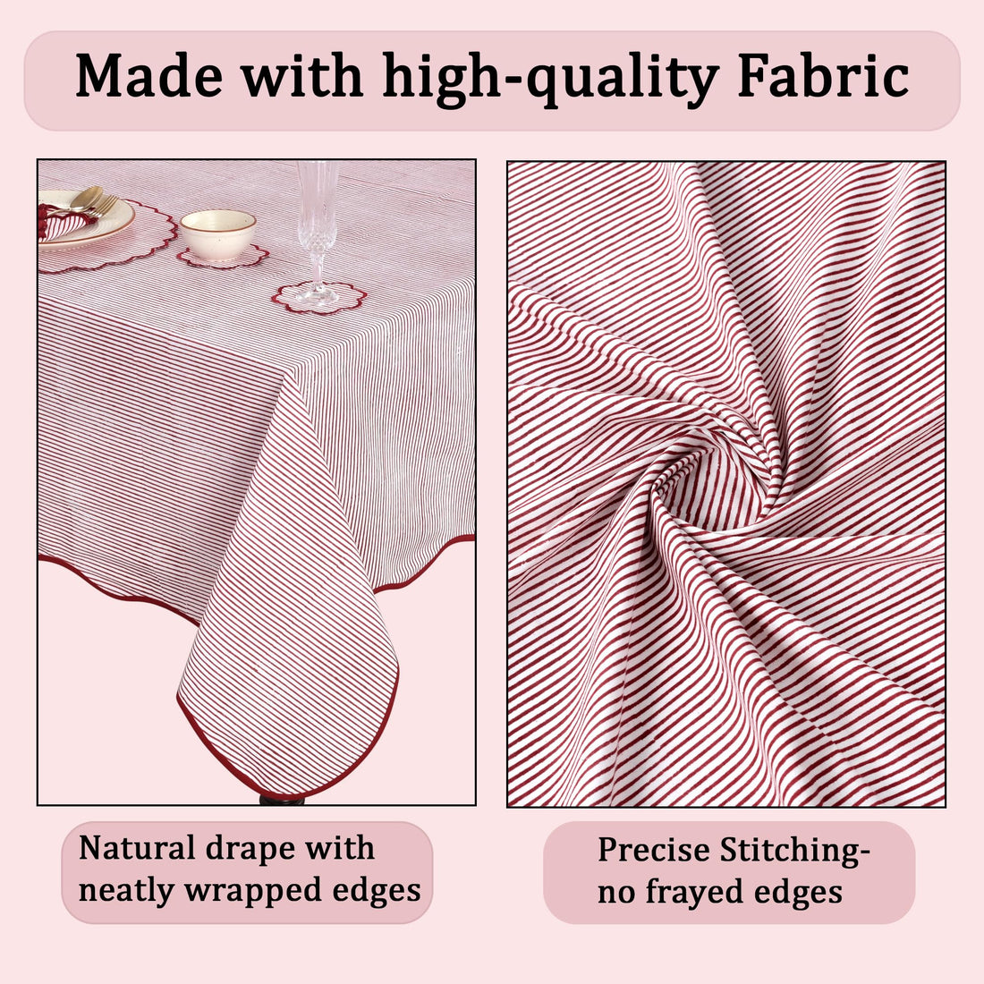 Hand Block Print Cotton Tablecloth - Ruby Red Stripe