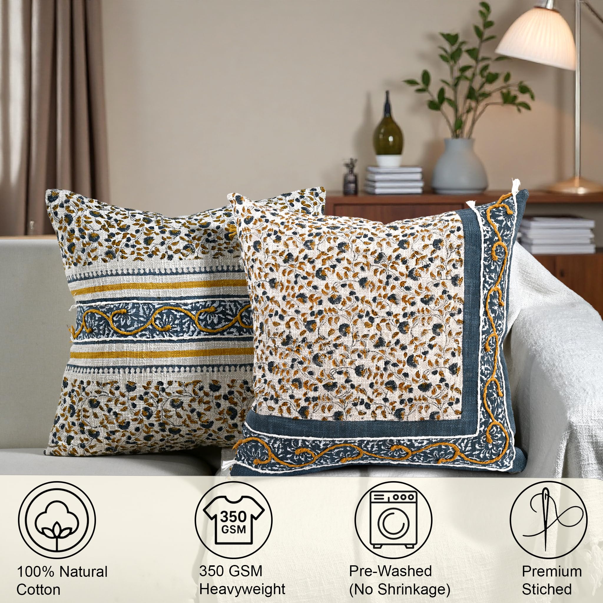 Hand Block Print Cotton Throw Pillow Cover - Amalfi Coast European