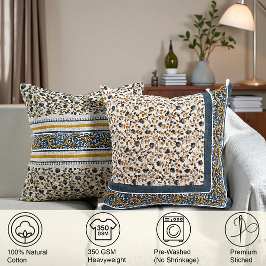 Hand Block Print Cotton Throw Pillow Cover - Amalfi Coast European