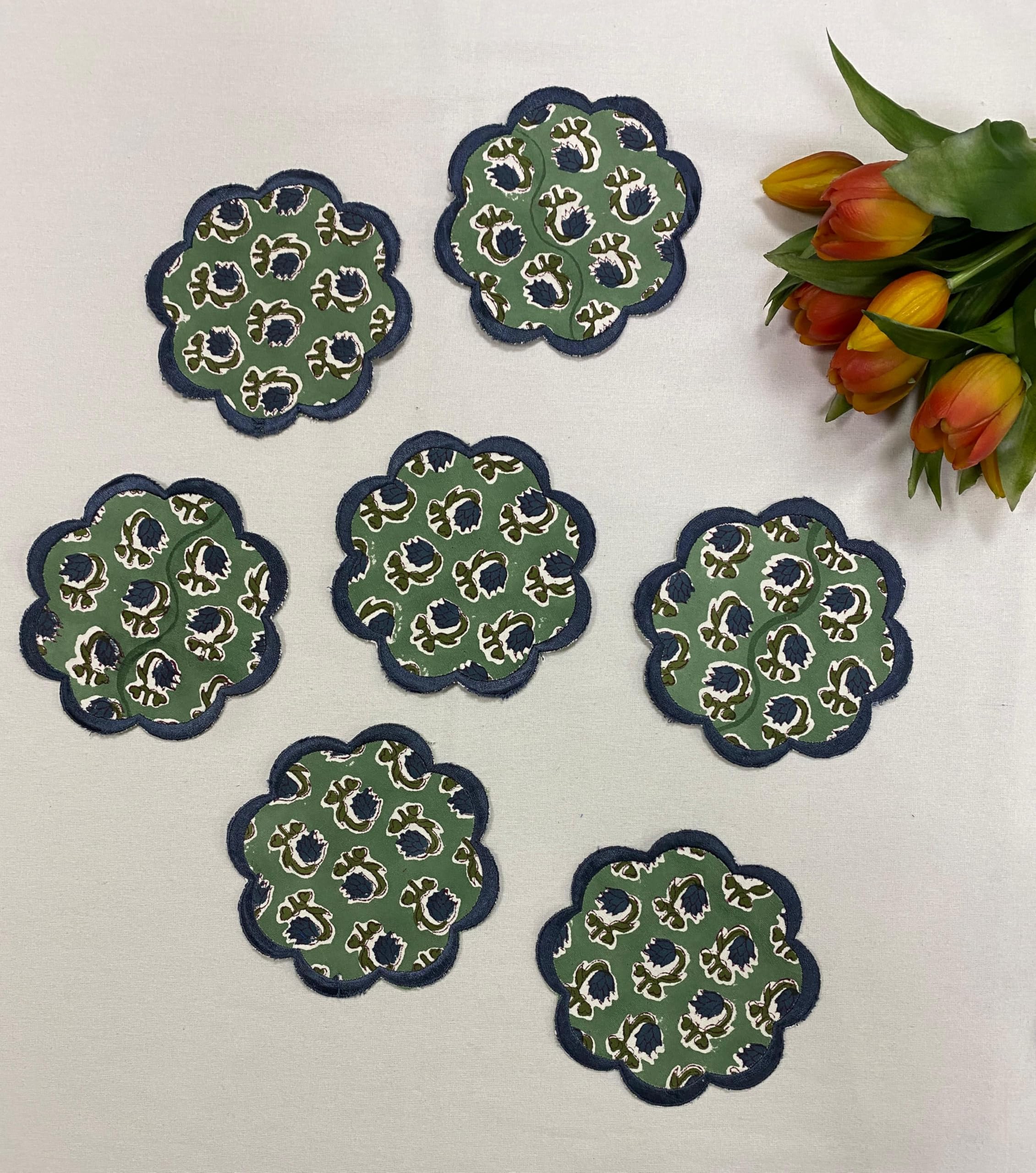 Hand Block Print Cotton Drink Coaster - Basil Green