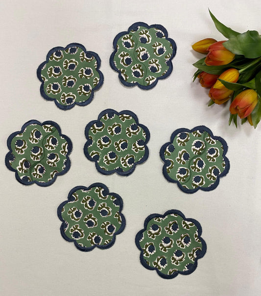 Hand Block Print Cotton Drink Coaster - Basil Green