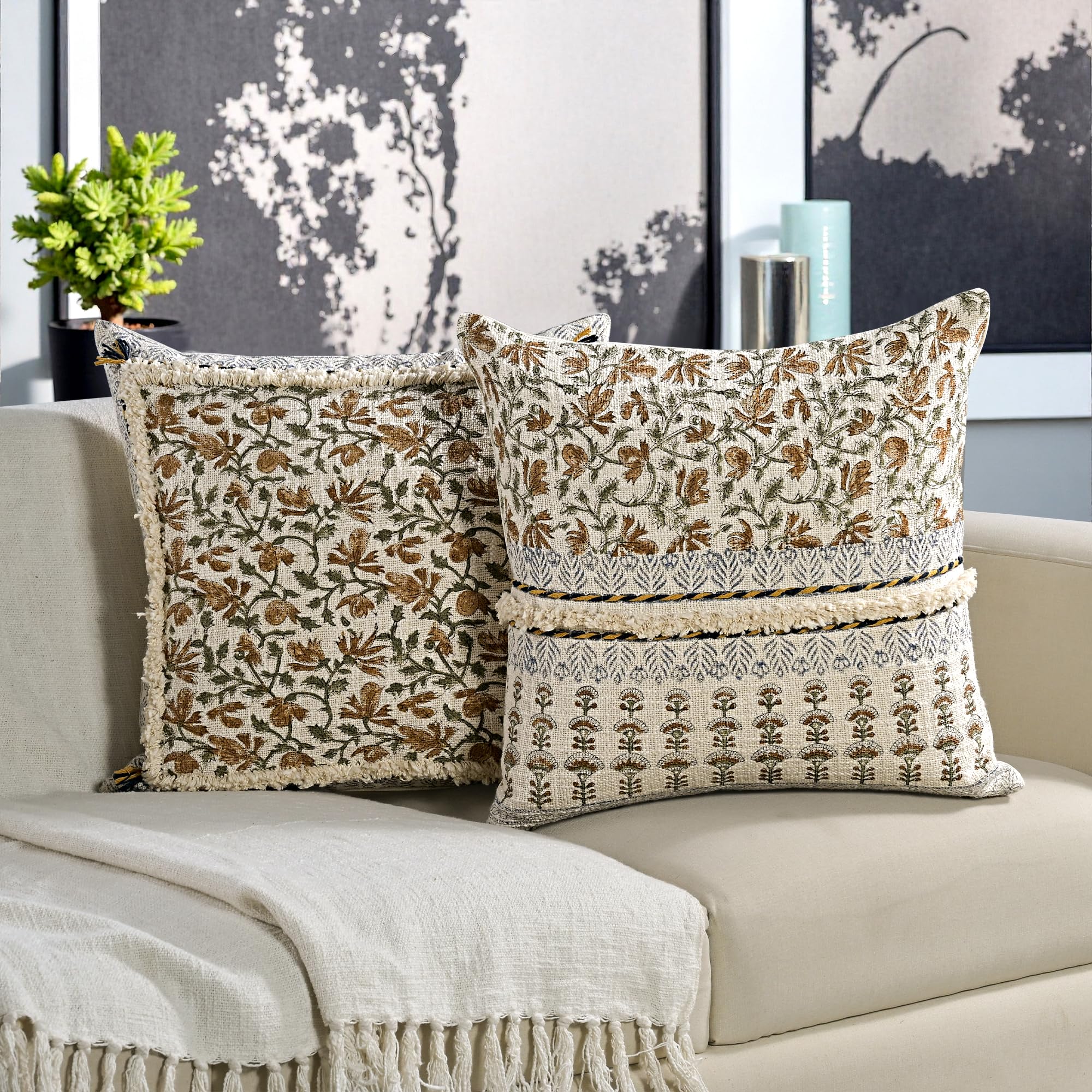 Hand Block Print Cotton Throw Pillow Cover - Amber Fern Garden