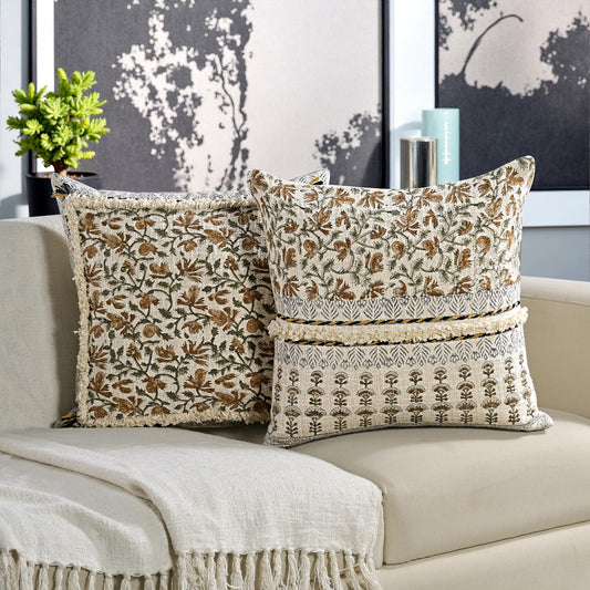 Hand Block Print Cotton Throw Pillow Cover - Amber Fern Garden