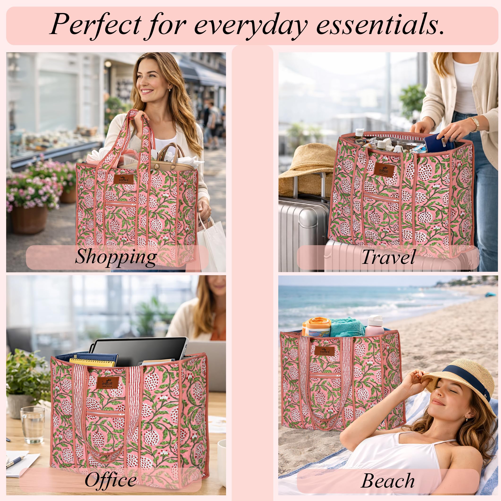Hand Block Print Cotton Handbag - Strawberry Pink