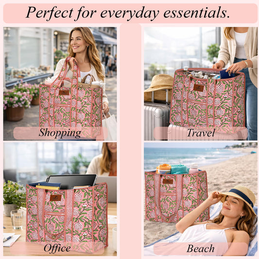 Hand Block Print Cotton Handbag - Strawberry Pink