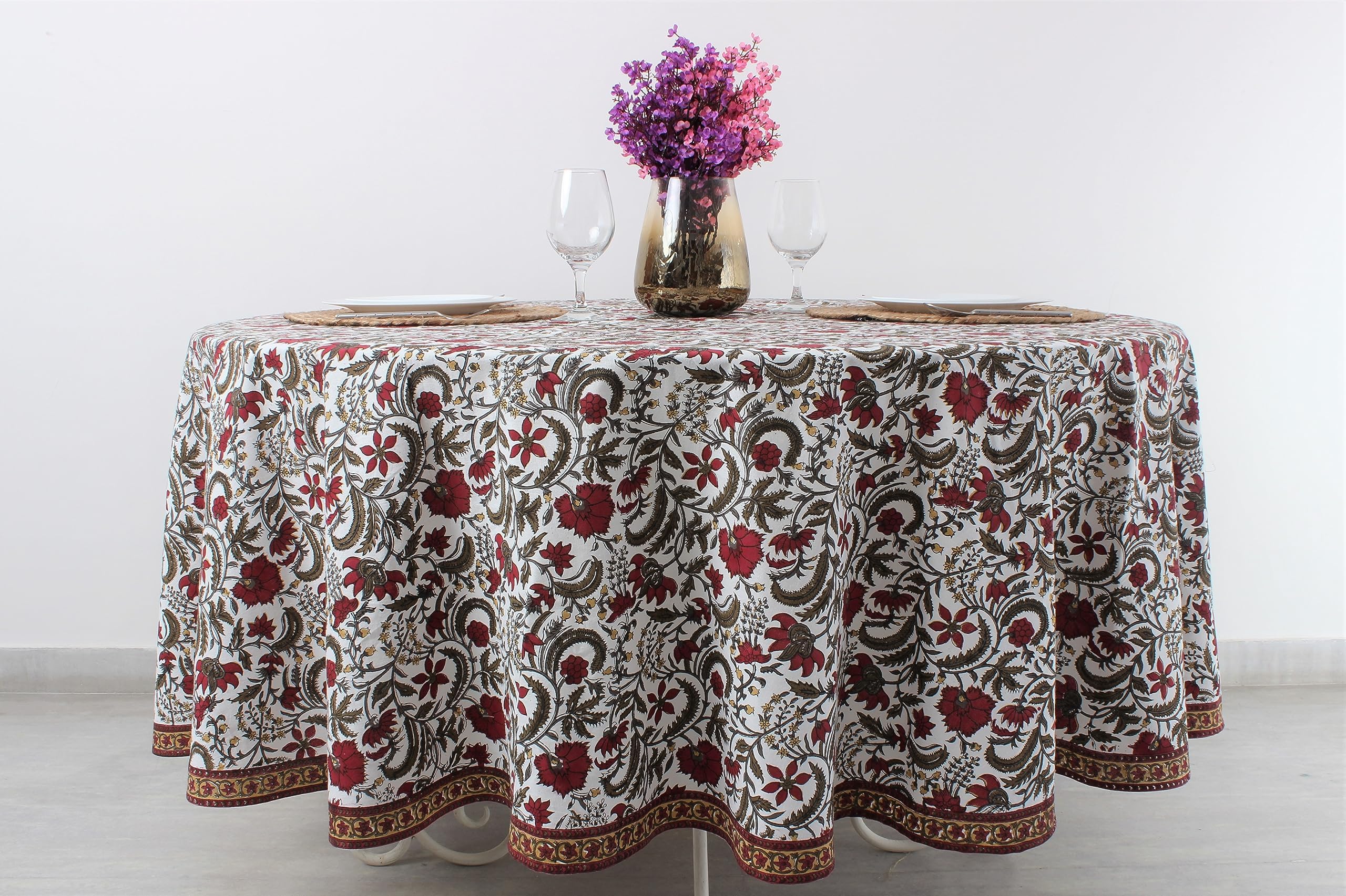 Hand Block Print Cotton Tablecloth - Prune Red